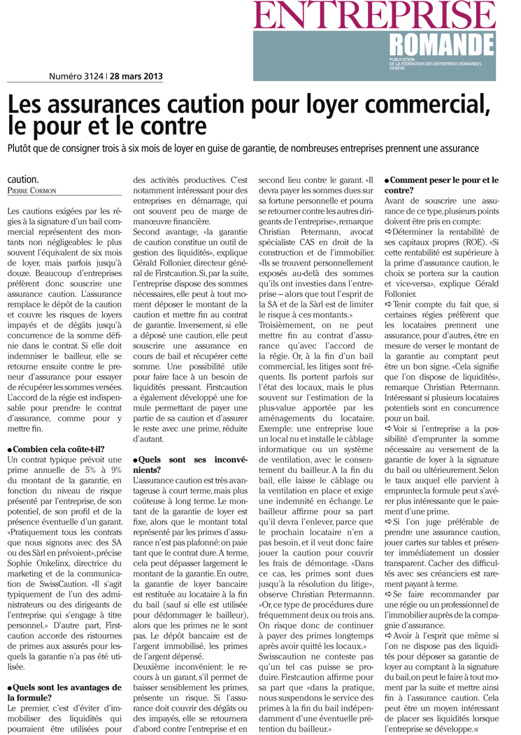 Entreprise Romande, éditions n°3124 – Mars 2013