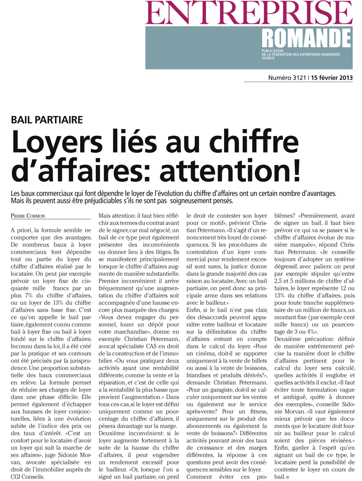 Entreprise Romande, éditions n°3121 – Février 2013